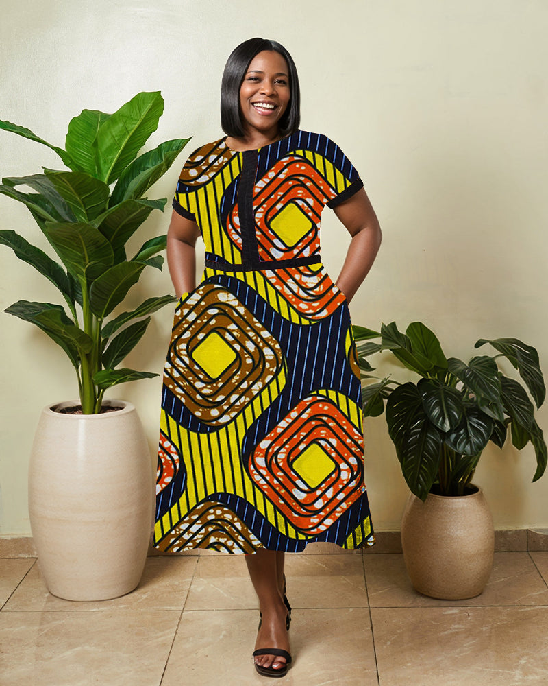 African Ethnic Print Round Neck Loose Hem Pocket Dress