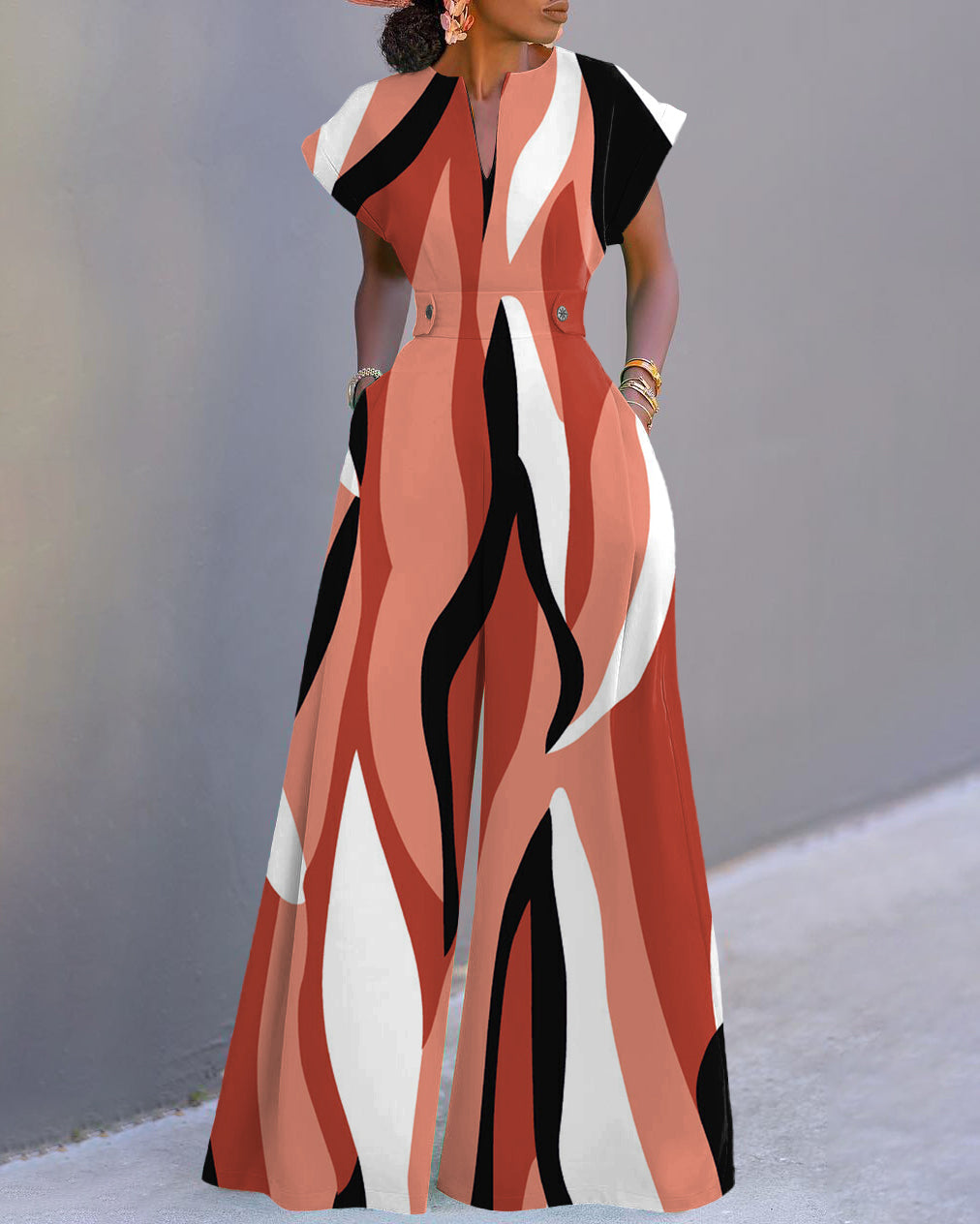 Contrast Wavy Stripes Neckline Batwing Sleeve Wide Leg Jumpsuit