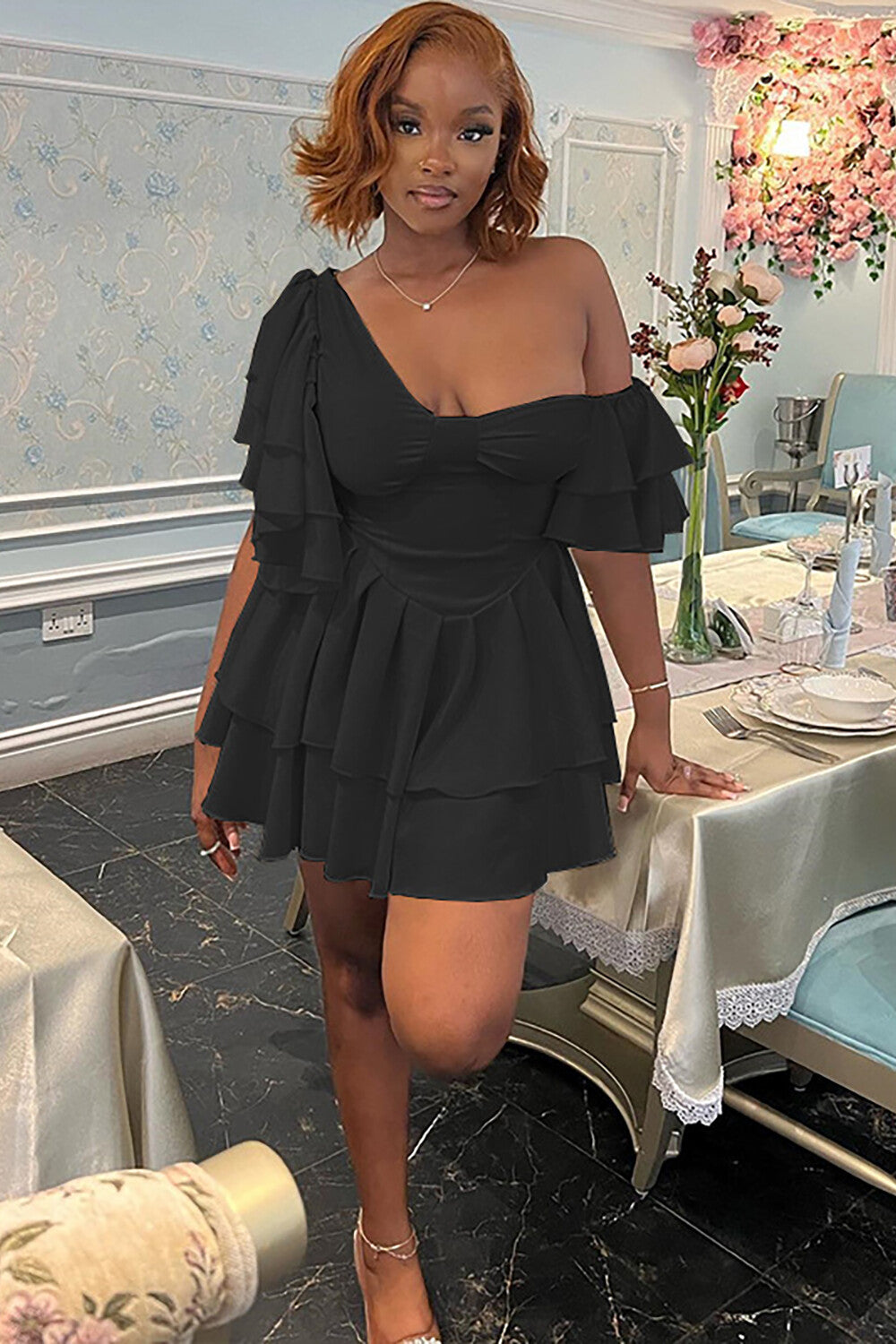 Solid Color Off Shoulder Cinch Waist Ruffled Mini Dresses-Beige