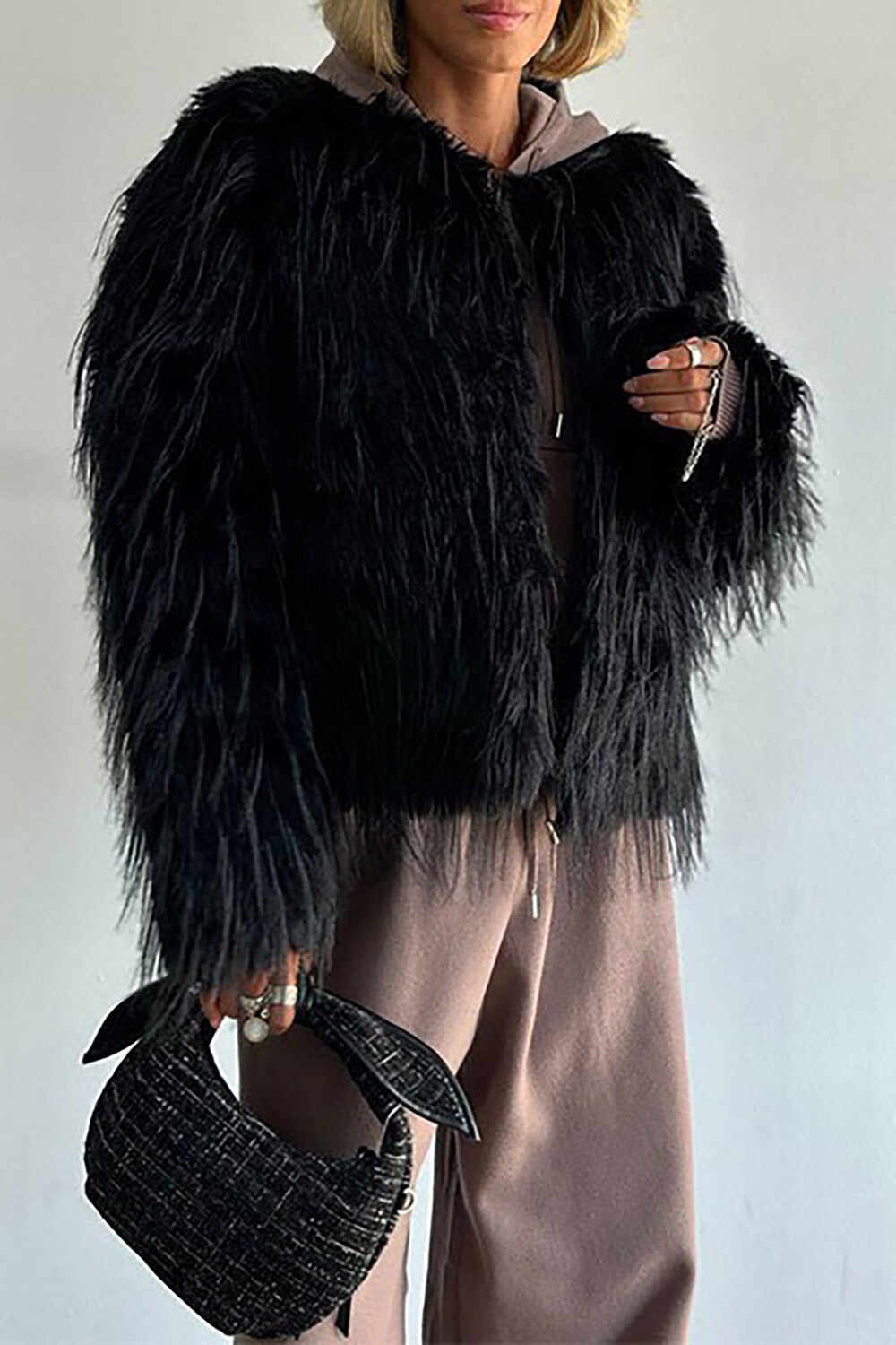 Faux Fur Round Neck Long Sleeve Solid Color Jacket-Grey