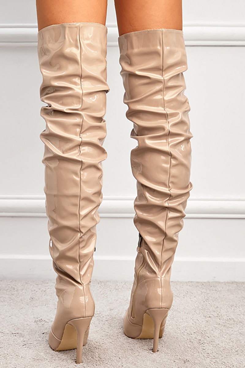PU Leather Pointy Toe Ruched Thigh-High Boots-Black
