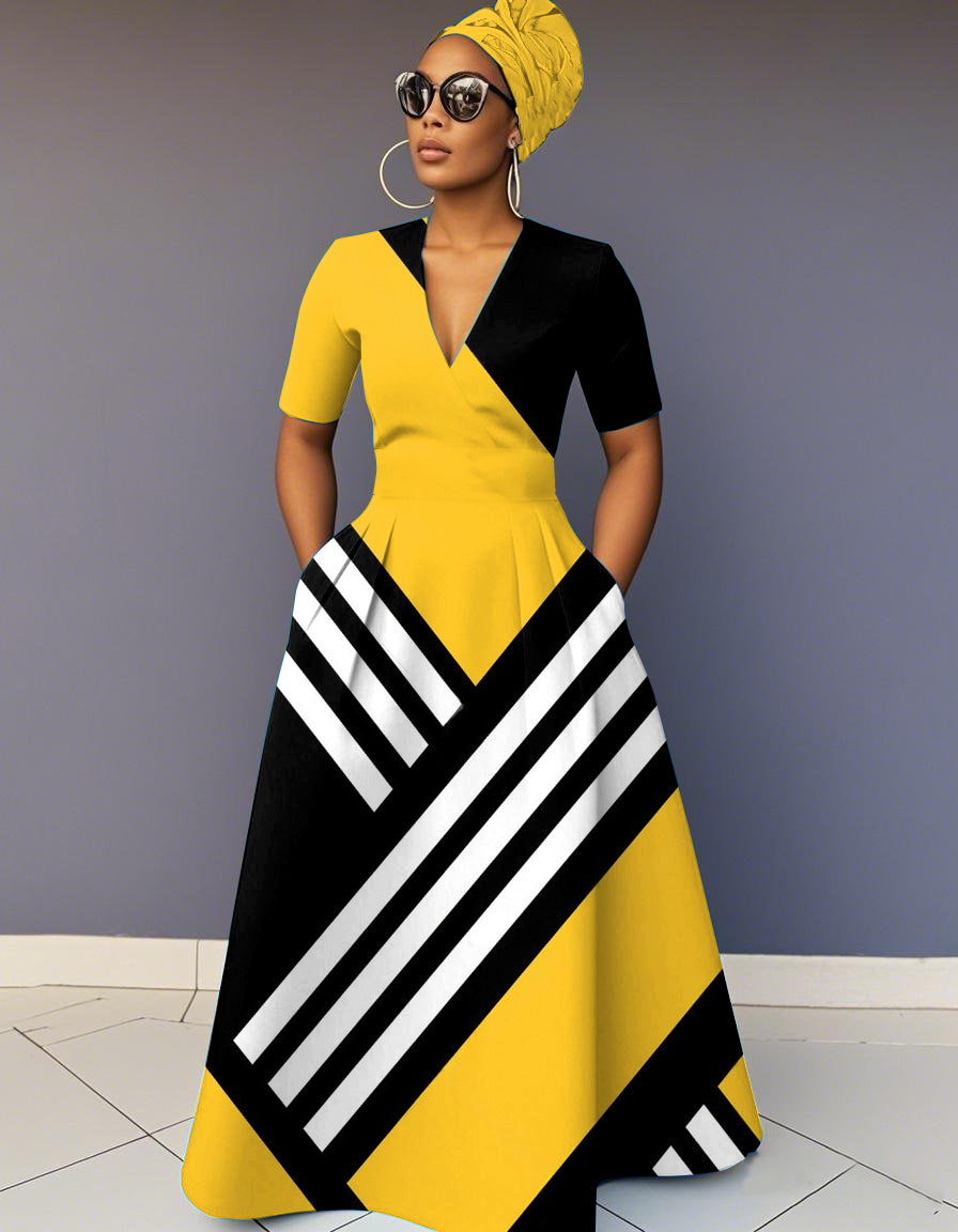 V Neck Stripe Contrast Short Sleeve Maxi Dress