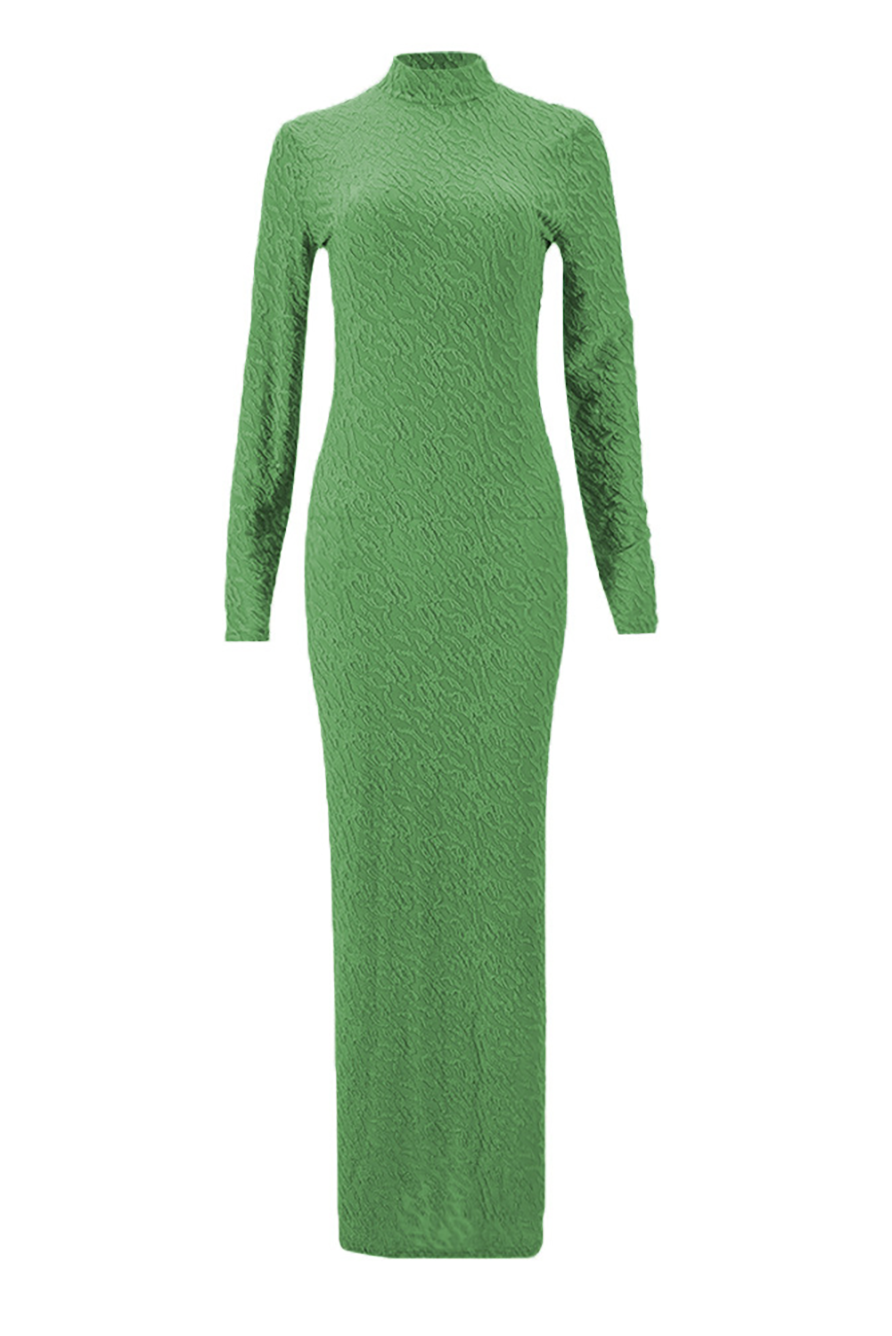 Textured Pattern Solid Color Long Sleeve Bodycon Maxi Dresses-Green
