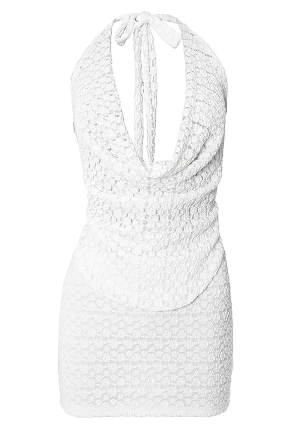 Jacquard Lace Cowl Neckline Halter Top Bodycon Mini Skirt 2pcs Set-White