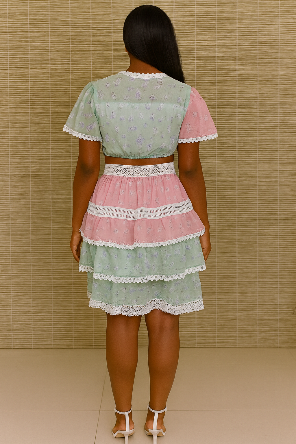 Contrast Color Flanging Sexy Square-Neck Floral Print Puff Sleeve Jumpsuit Skirt