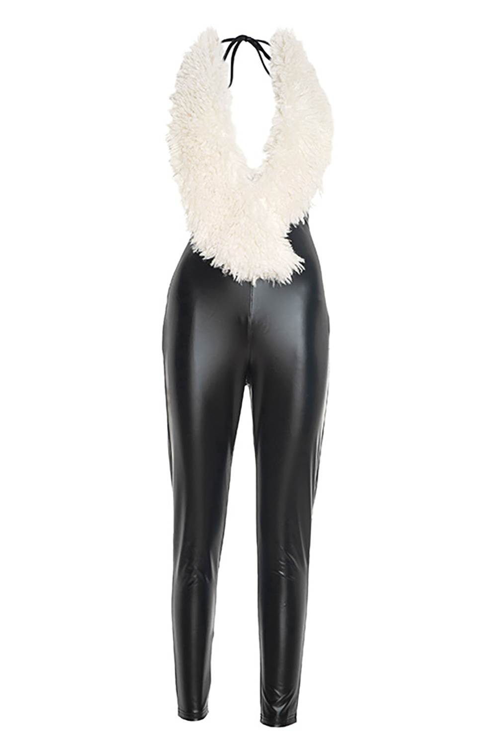 Fuzzy Patchwork Plunge Neck Halter Slim Fit Faux Leather Skinny Jumpsuit-Black