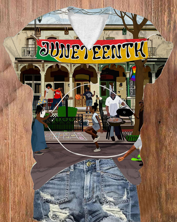 Let's Celebrate Juneteenth Happily V-neck Short Sleeve Tshirt
