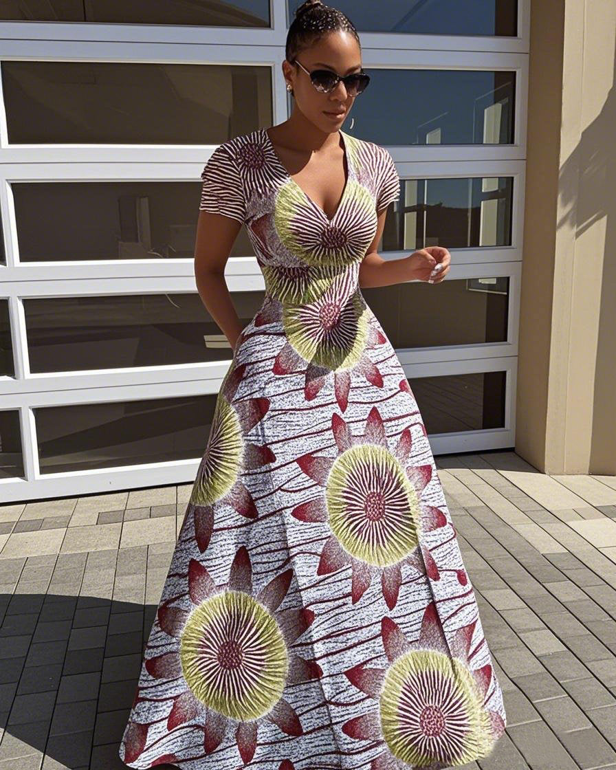V Neck African Sun Flower Short Sleeve Maxi Dress