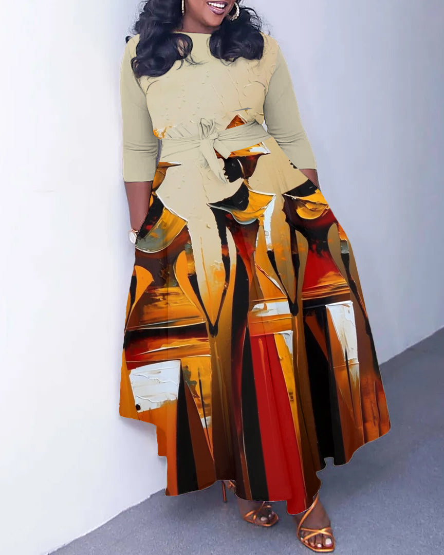 African Abstract Wall Art Long Sleeve Pockets Maxi Dress