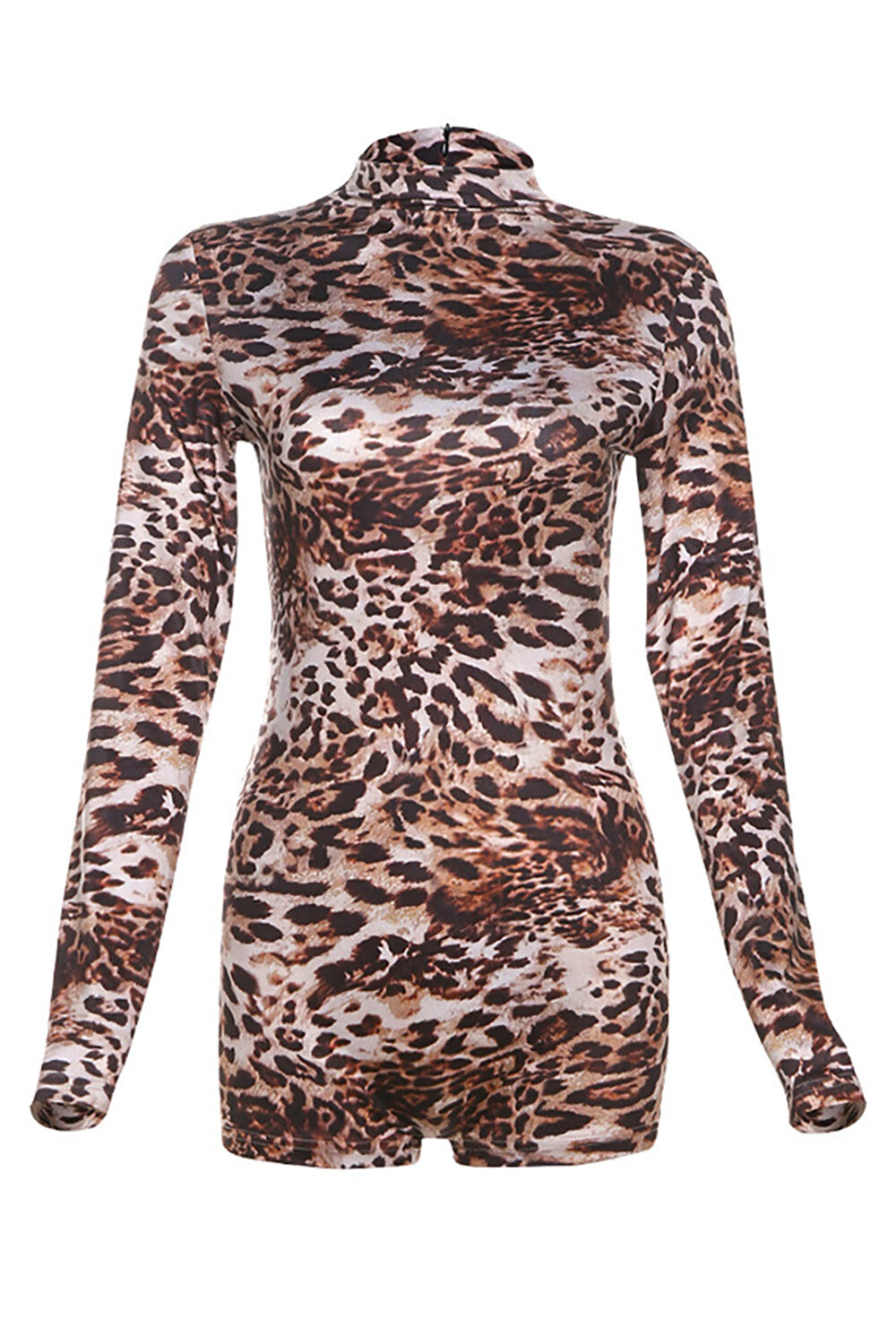 Leopard Print Long Sleeve Slim Fit Playsuit Romper-Brown