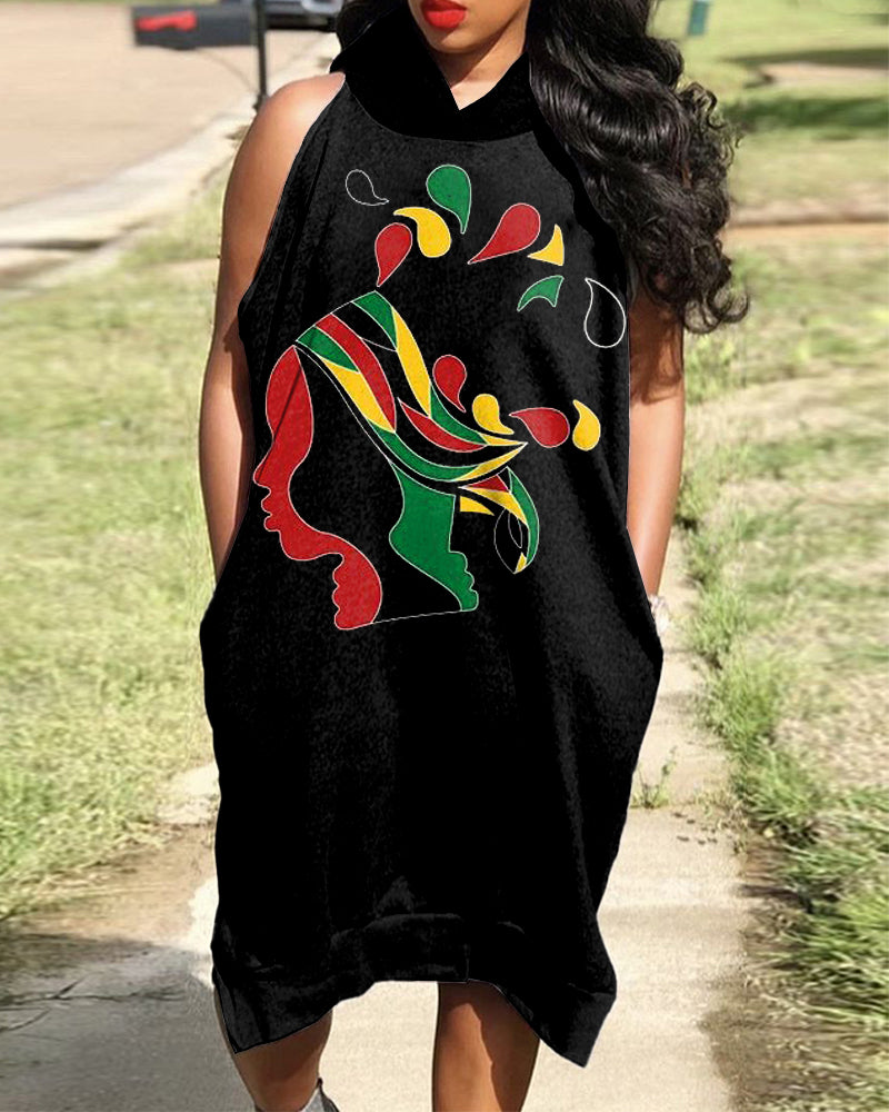 Colorblock Portrait Print Sleeveless Hooded Pocket Dress