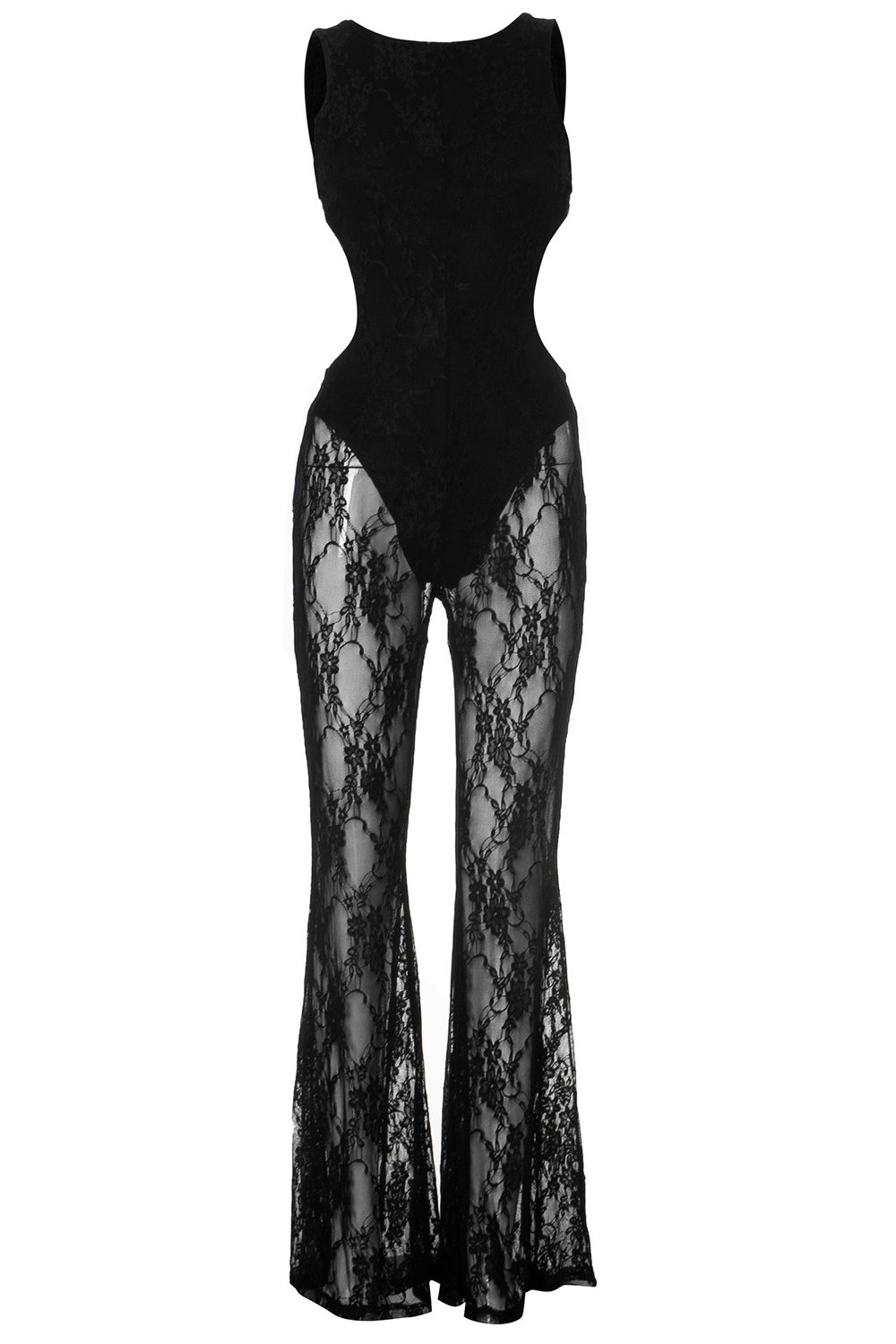 Sleeveless Open Back Floral Lace See Through Flared Leg Jumpsuit-Black