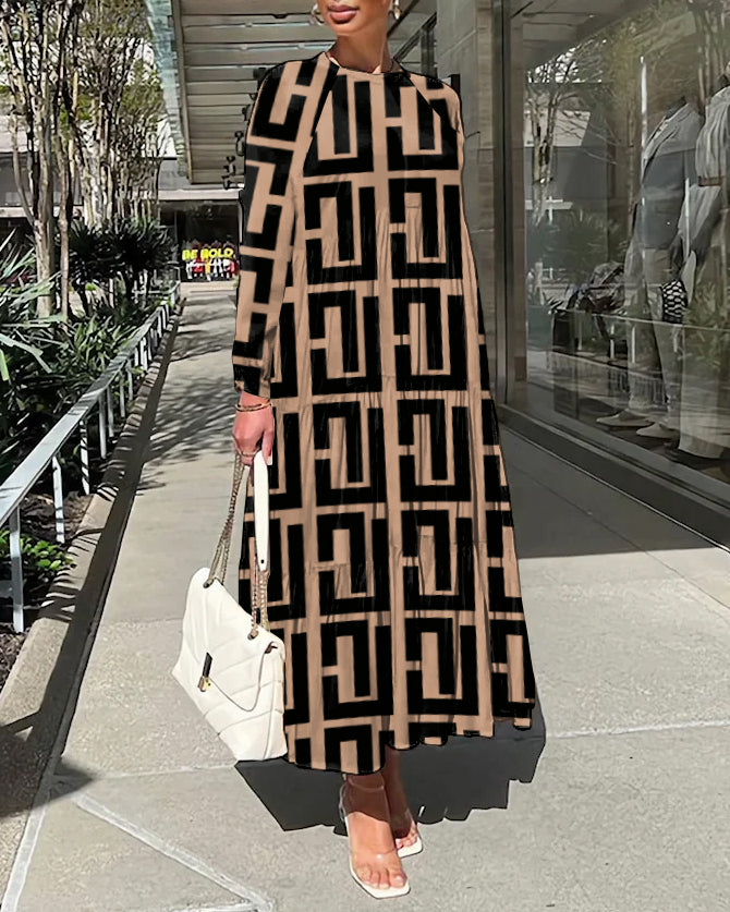 Irregular Geometric Stripes Print Long Sleeve Casual Dress