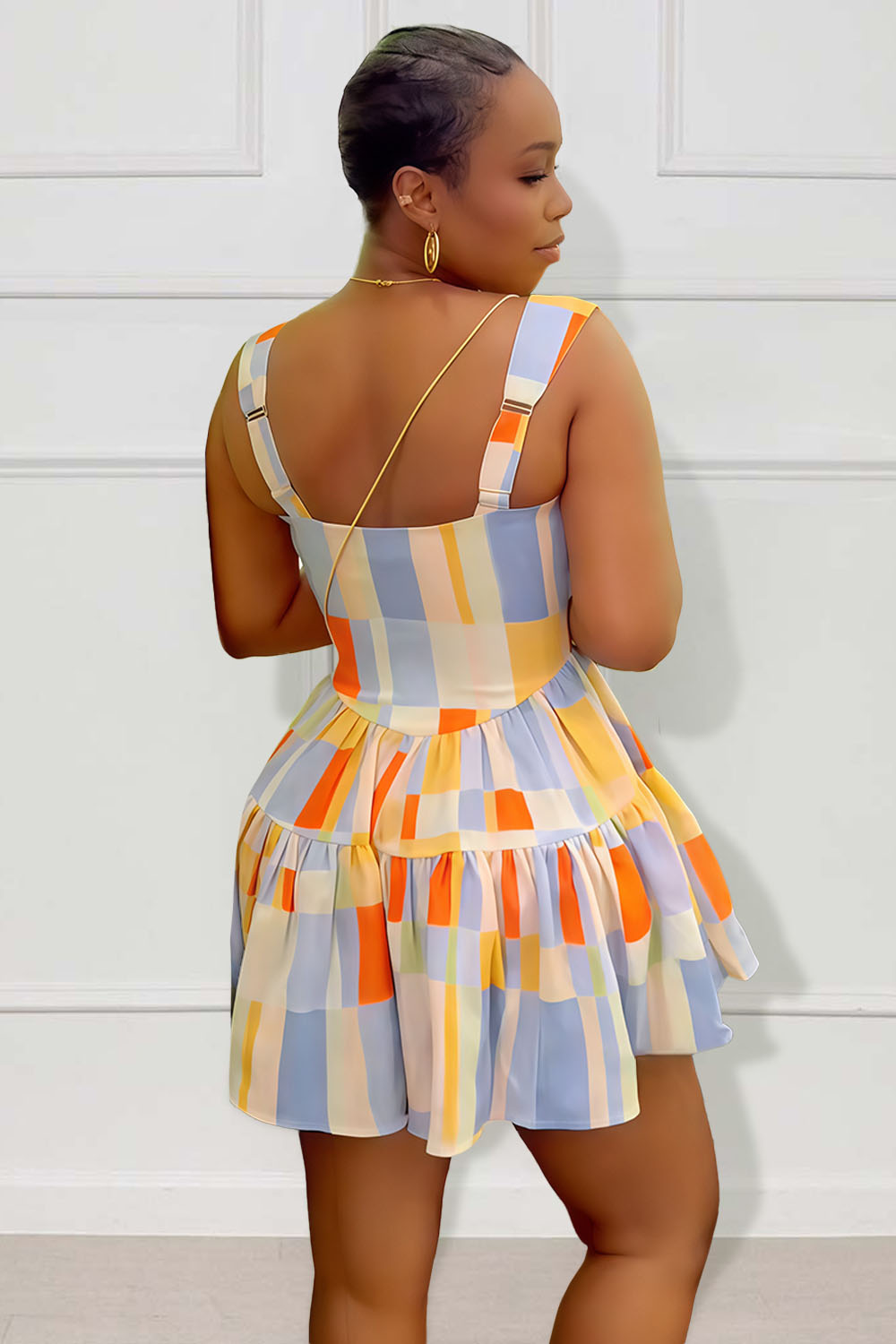 Button Up Sleeveless Colorblock Print A-Line Mini Dresses-Blue