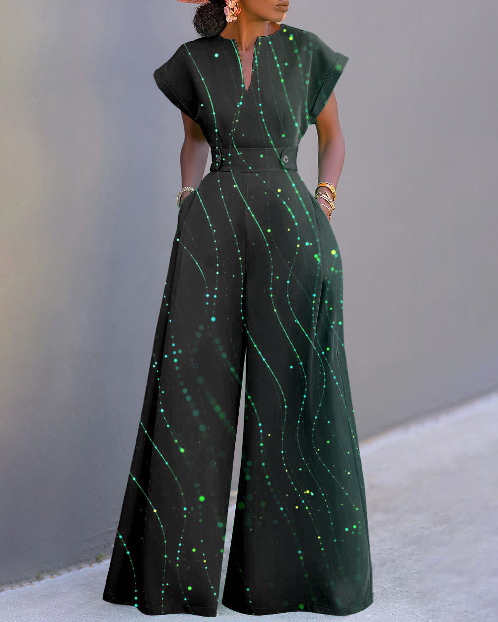 Fluorescent Wave Stripes Neckline Batwing Sleeve Wide Leg Jumpsuit