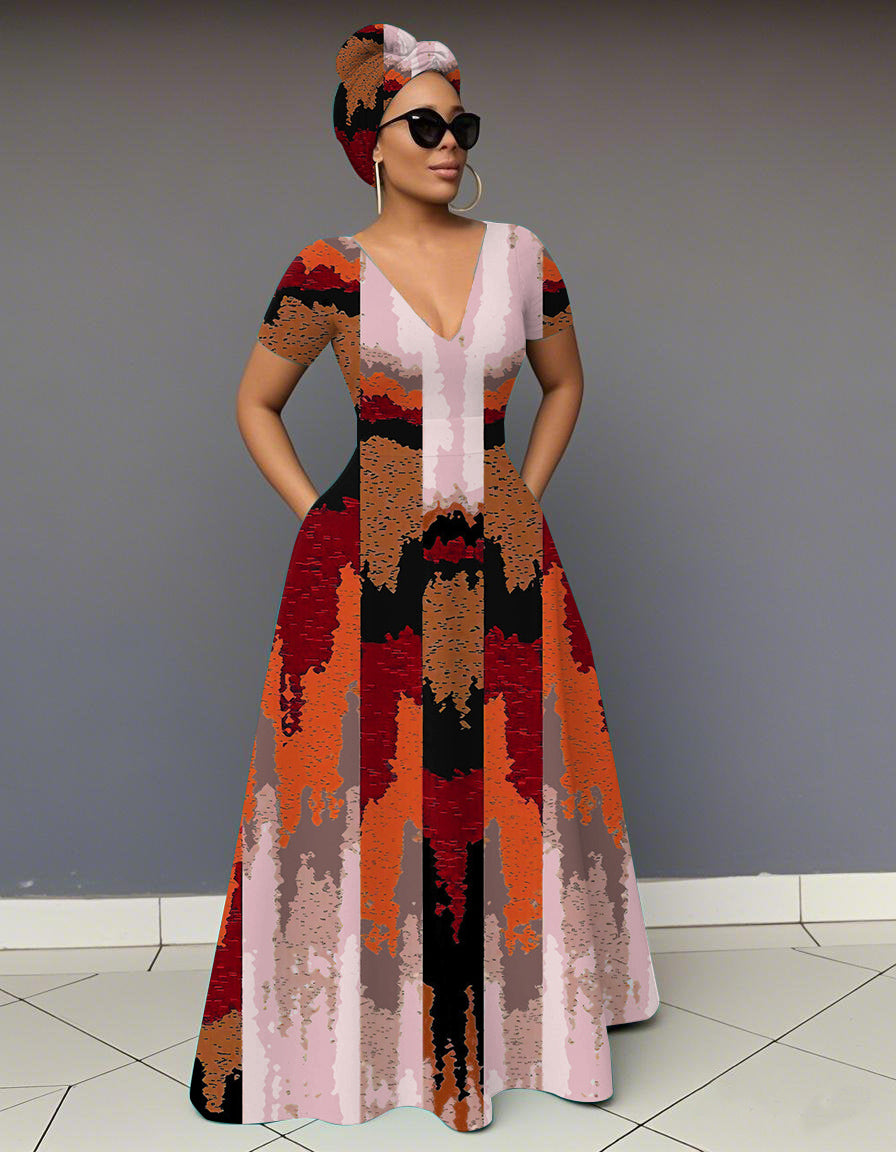 V Neck Irregular Tie-dye Contrasting Colors Short Sleeve Maxi Dress