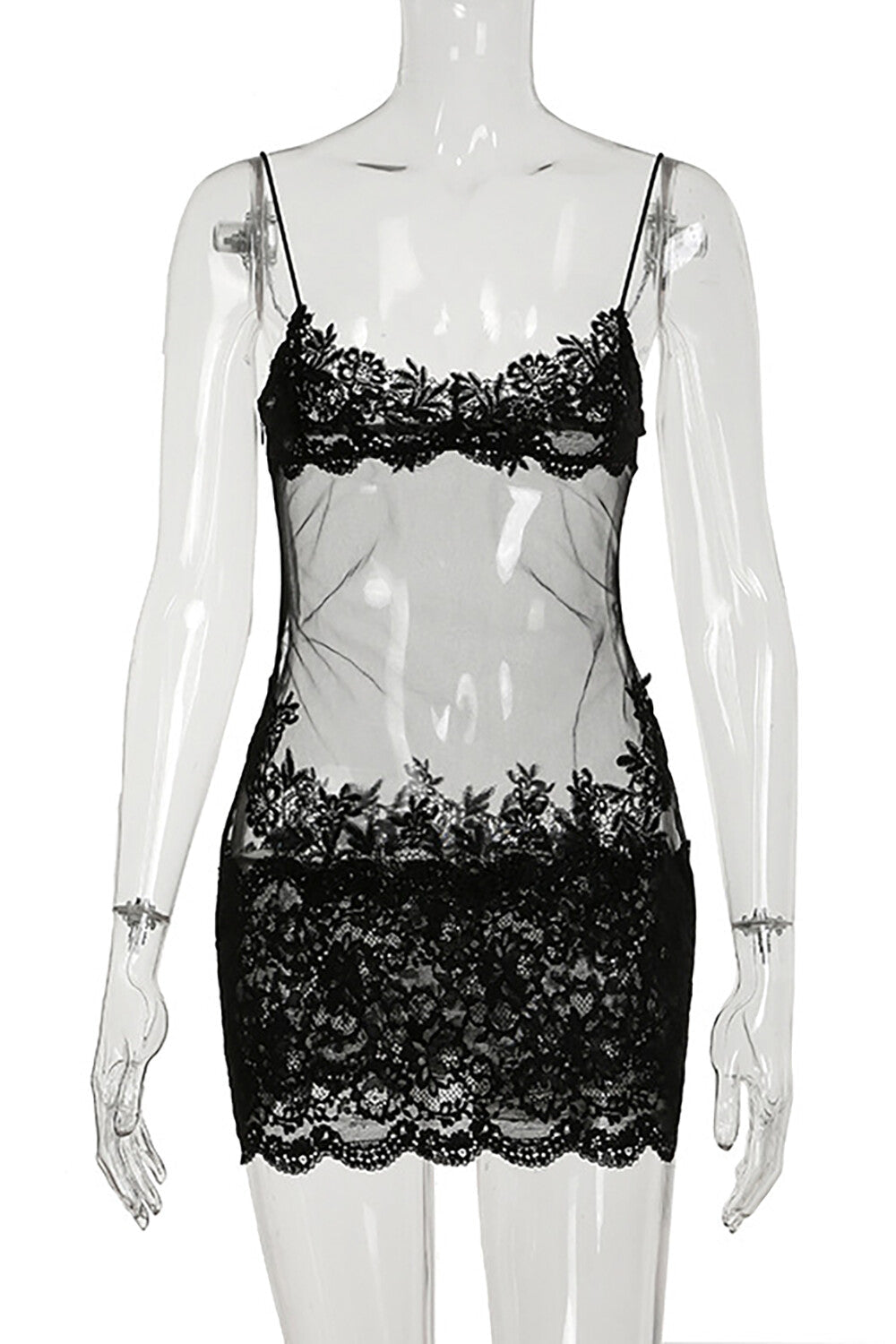 Floral Lace Mesh Patchwork See Through Slim Fit Slip Mini Dresses-Black