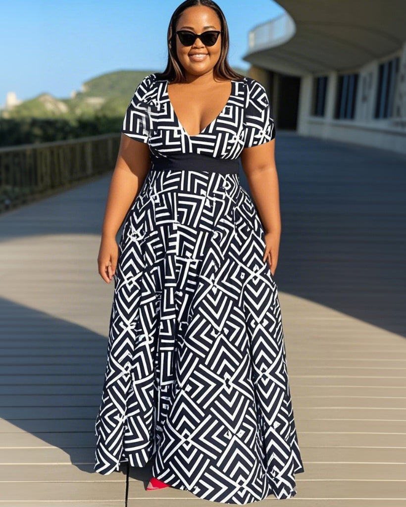 V Neck Irregular Stripes Short Sleeve Maxi Dress