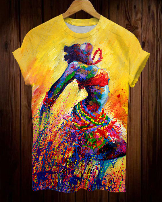Black Tribal Dancing Girl Oil Painting Short Sleeve Tshirt