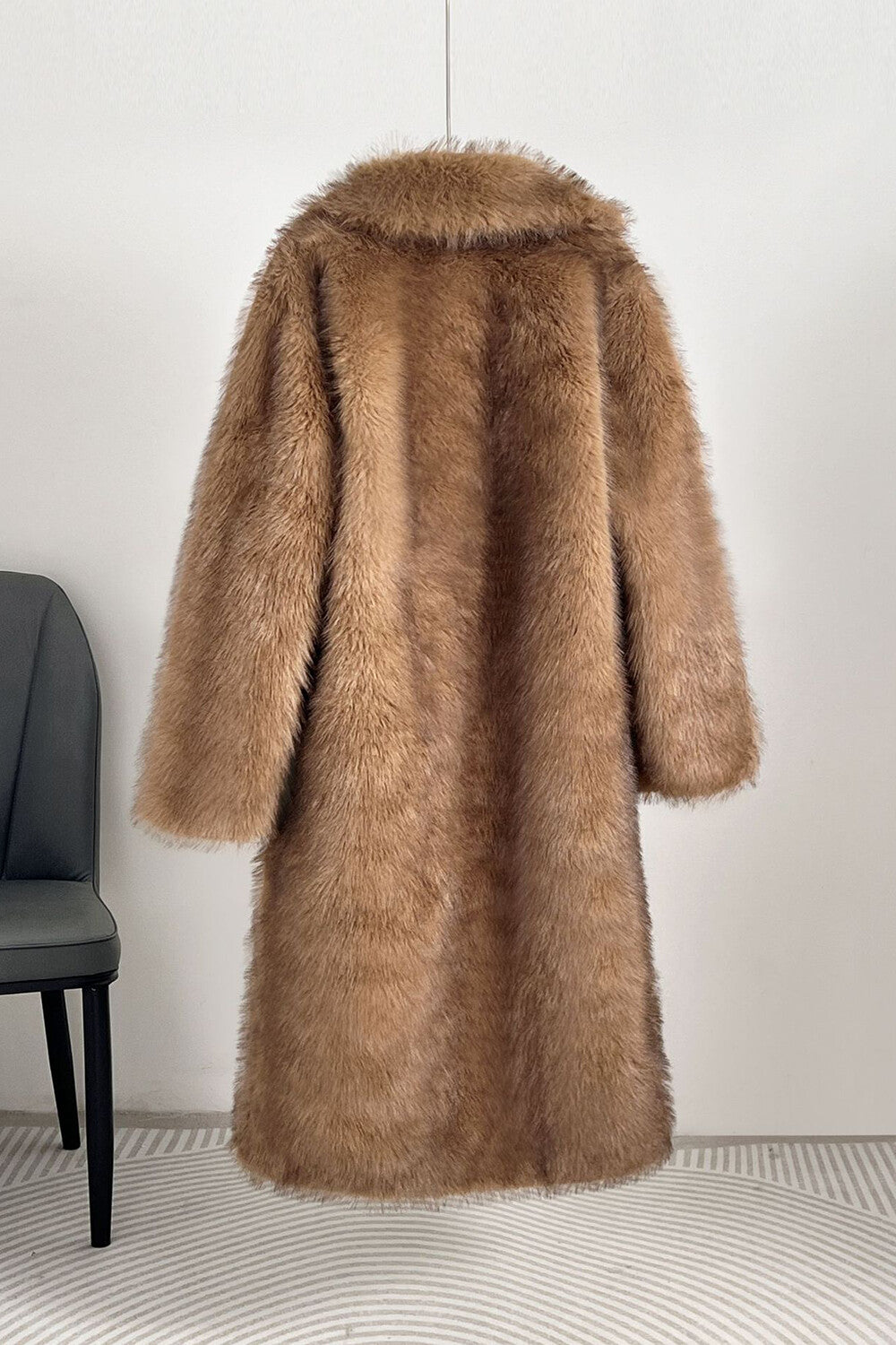 Faux Fur Turndown Collar Long Sleeve Fuzzy Overcoat-Camel