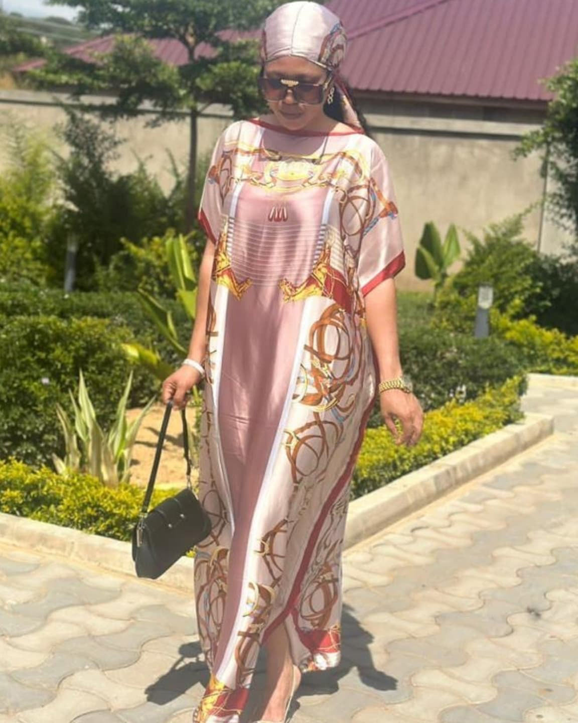Round Neck Pink Bohemian Elegant Robe Dress(Includes Headscarf)