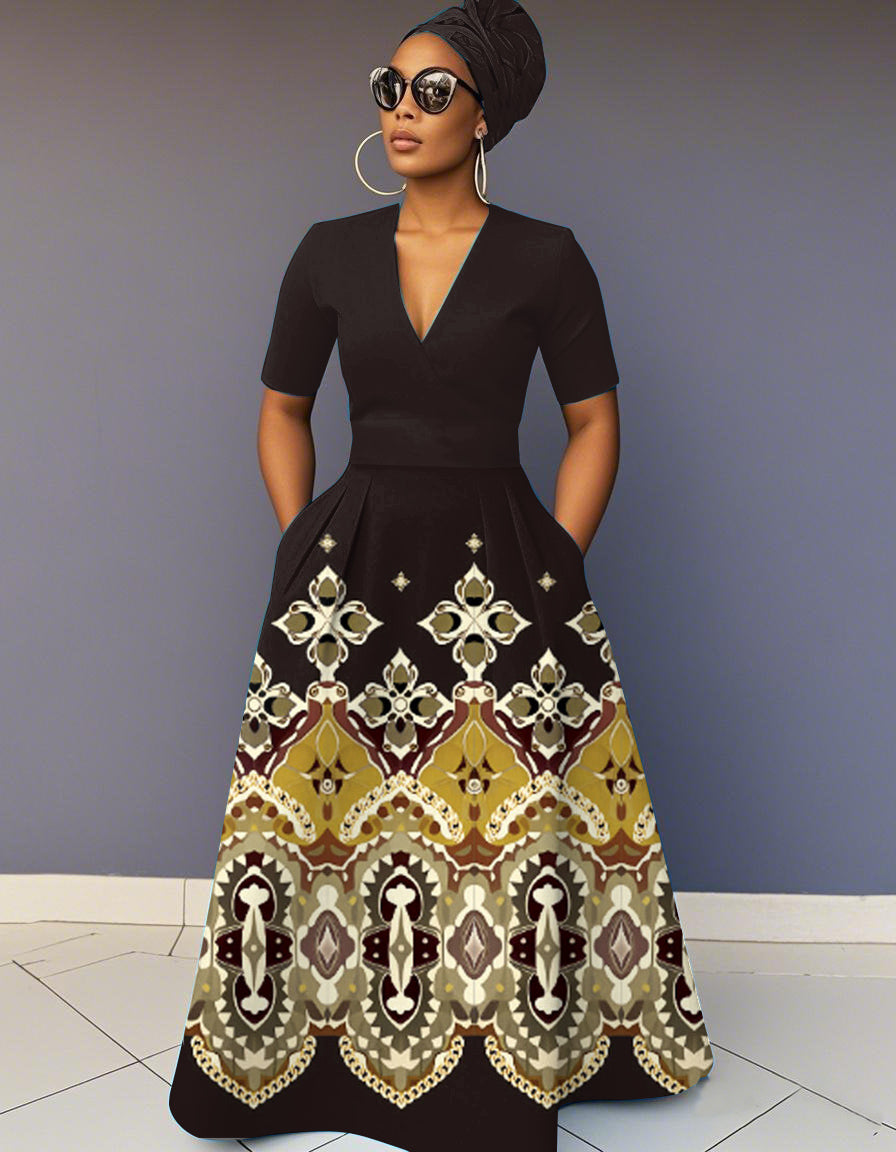 V Neck Geometric Prints Short Sleeve Maxi Dress