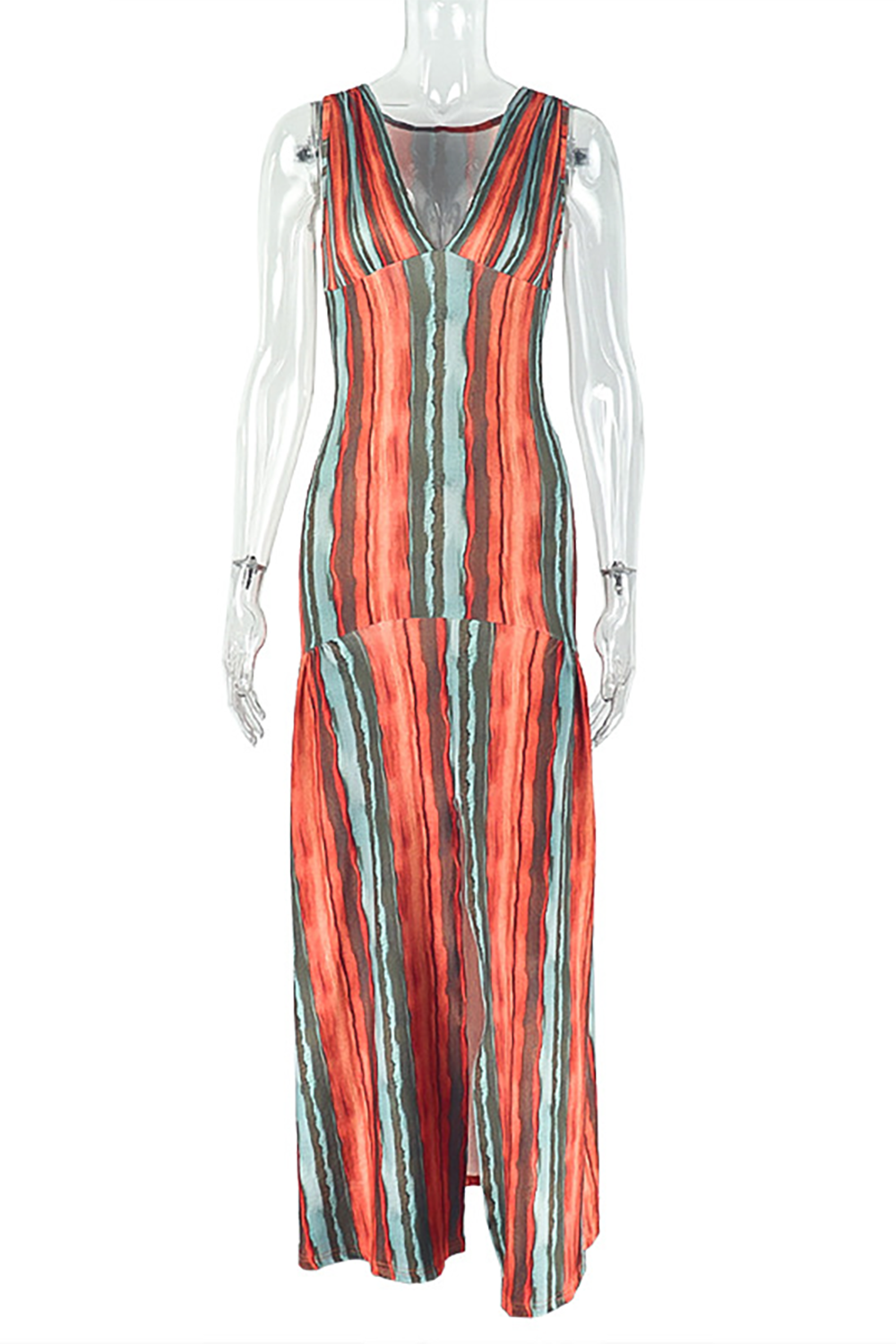 V Neck Sleeveless Striped Print Slim Fit Maxi Dresses-Orange