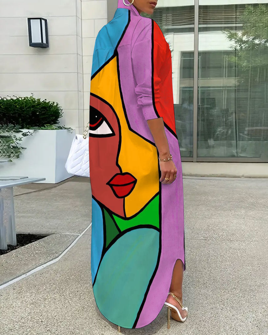 Face Line Art Loose Shirt Button Dress