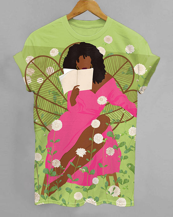 Flower Reading Girl Crew Neck Short Sleeve Tshirt