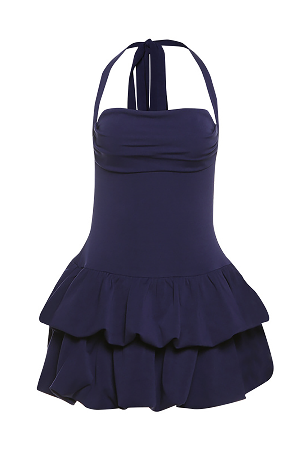 Halter Neck Cinch Waist Tiered Puffy Hem Solid Color Mini Dresses-Blue