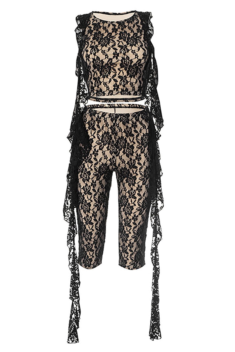 Floral Lace Ruffled Streamer Sleeveless Crop Top Capri Pants 2pcs Set-Black