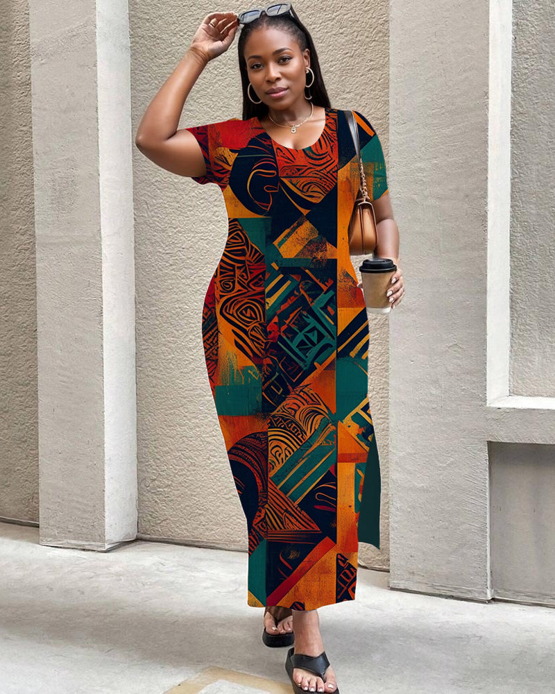 Retro Fashion Print Round Neck Short Sleeve Slit Dress