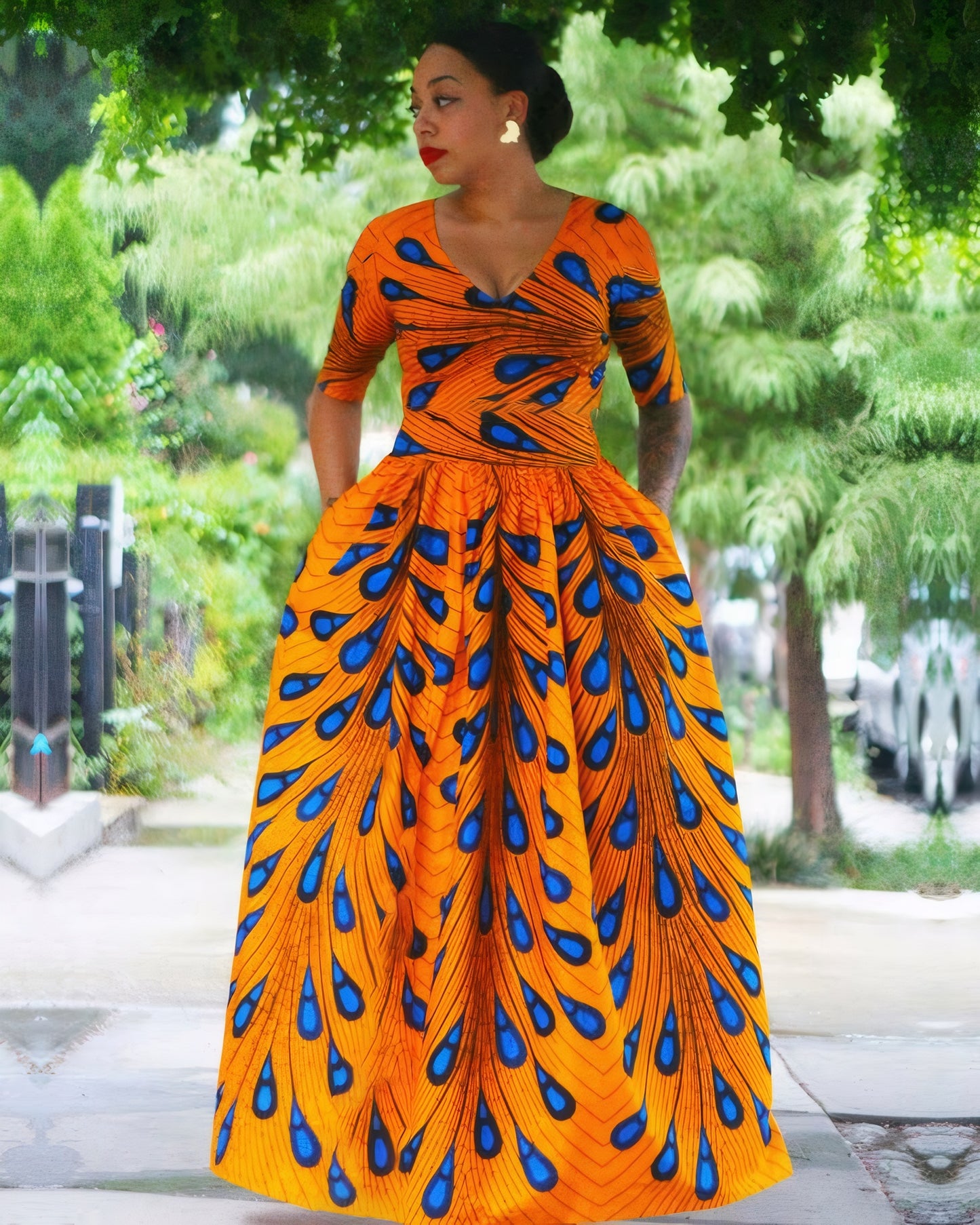 V Neck Yellow Kente African Print Short Sleeve Maxi Dress