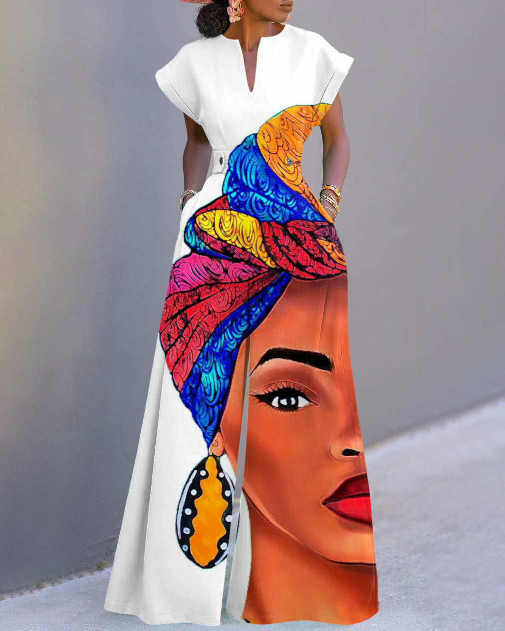 African Mama Face Illustration Neckline Batwing Sleeve Wide Leg Jumpsuit