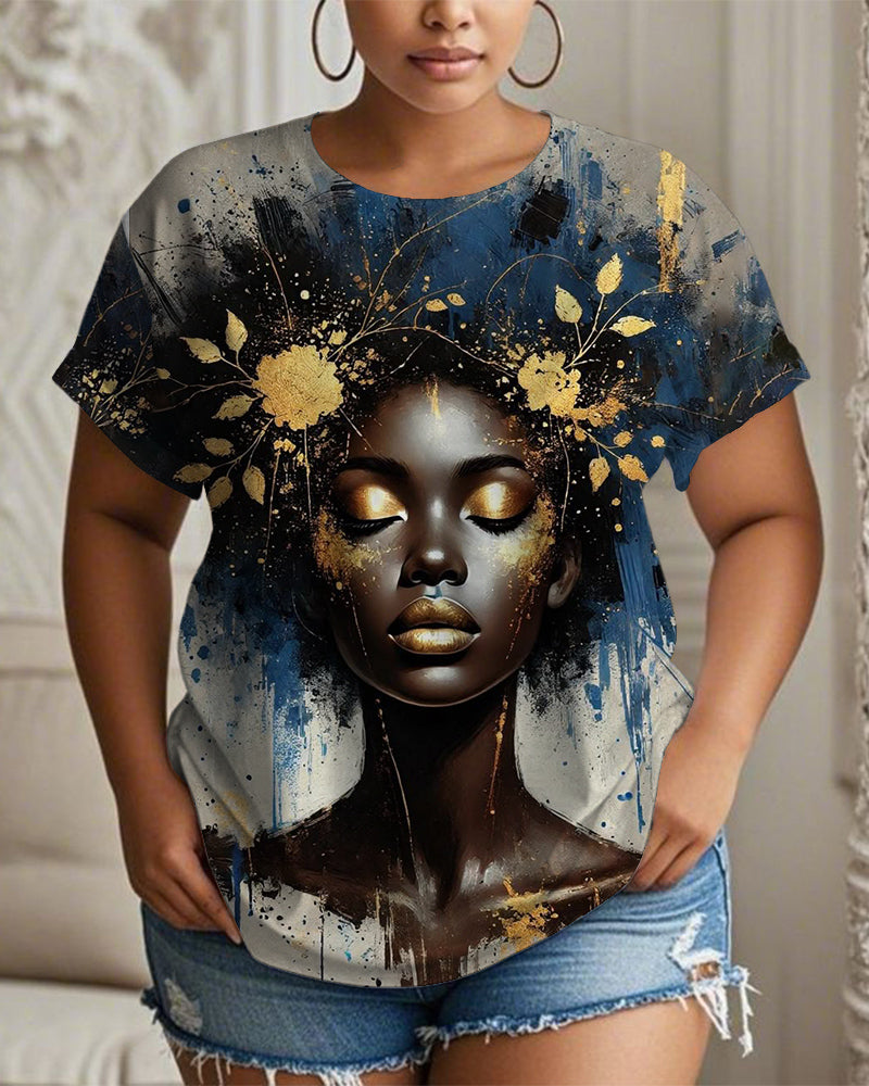Mottled Art Portrait Crew Neck Short Sleeve T-shirt