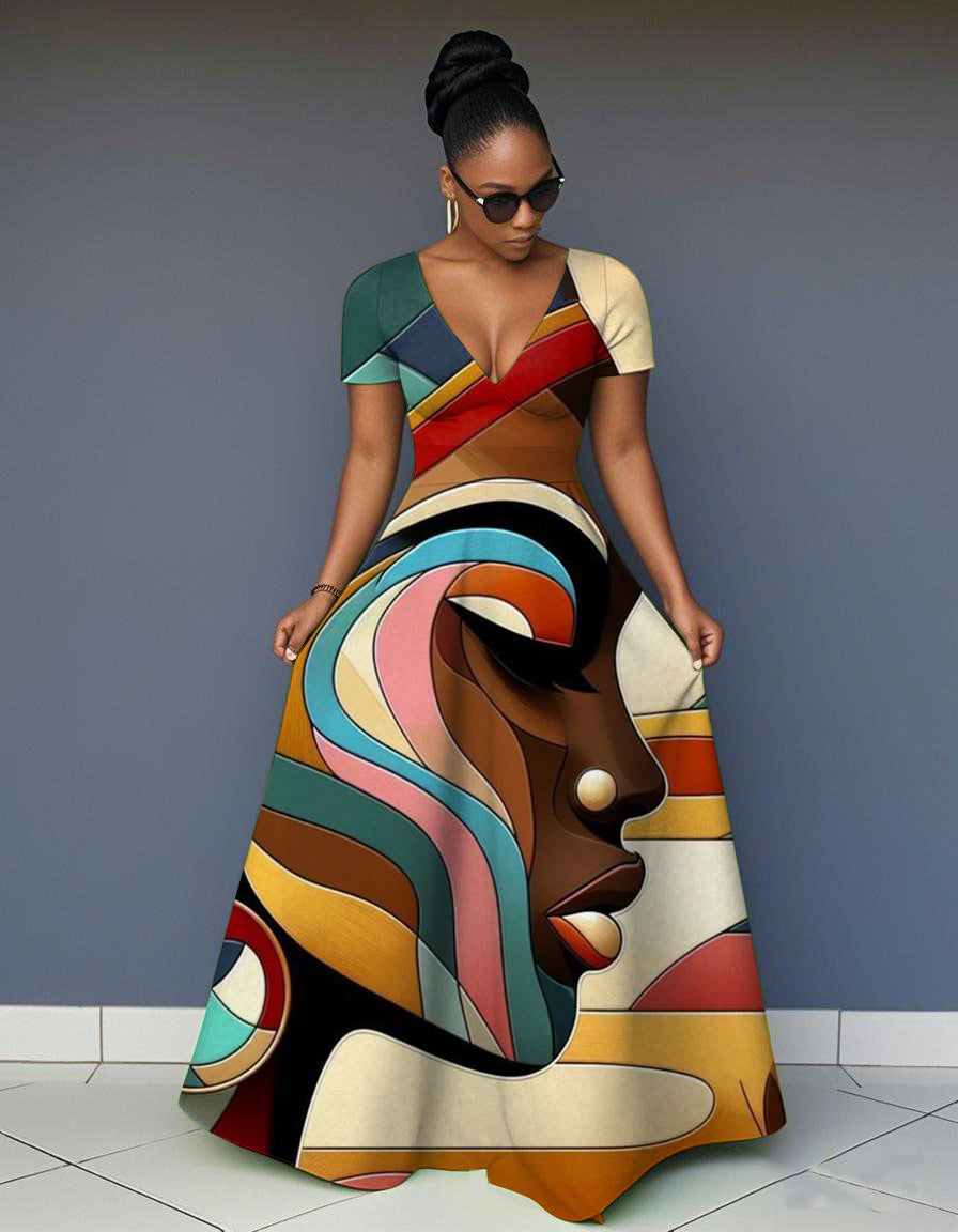 V Neck Color Line Face Art Short Sleeve Maxi Dress