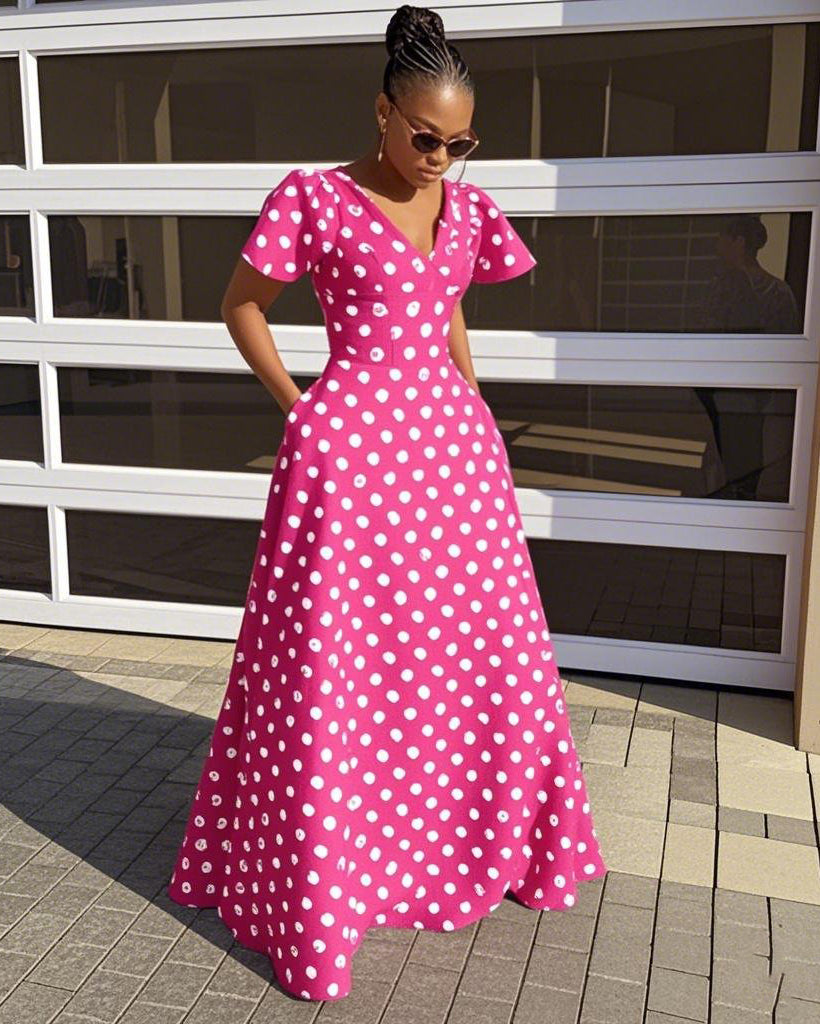 V Neck Classic White Polka Dots Print Short Sleeve Maxi Dress