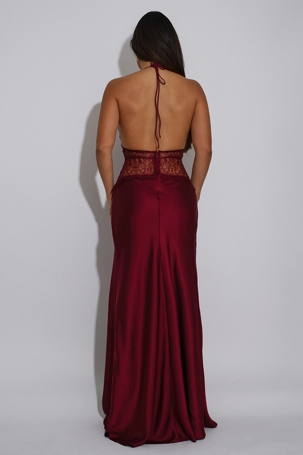 Lace Patchwork Deep V Neck Halter Satin Slim Fit Maxi Dresses-White