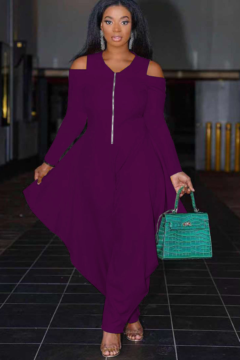 Cold Shoulder Half Zip Irregular Harem Casual Jumpsuit