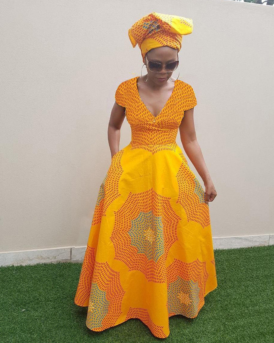 V Neck Ethnic African Style Short Sleeve Maxi Dress