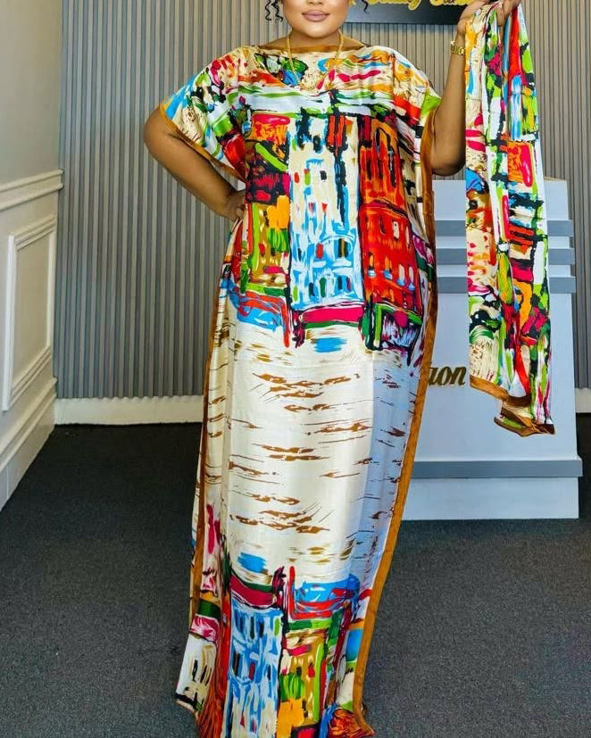 Round Neck Ink and Watercolor Elegant Robe Dress(Includes Headscarf)