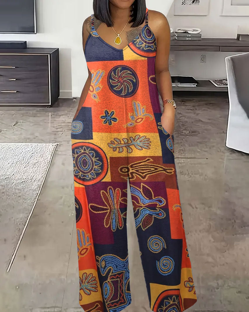 Women's Casual Crew Neck Vintage Tribal Print Jumpsuit