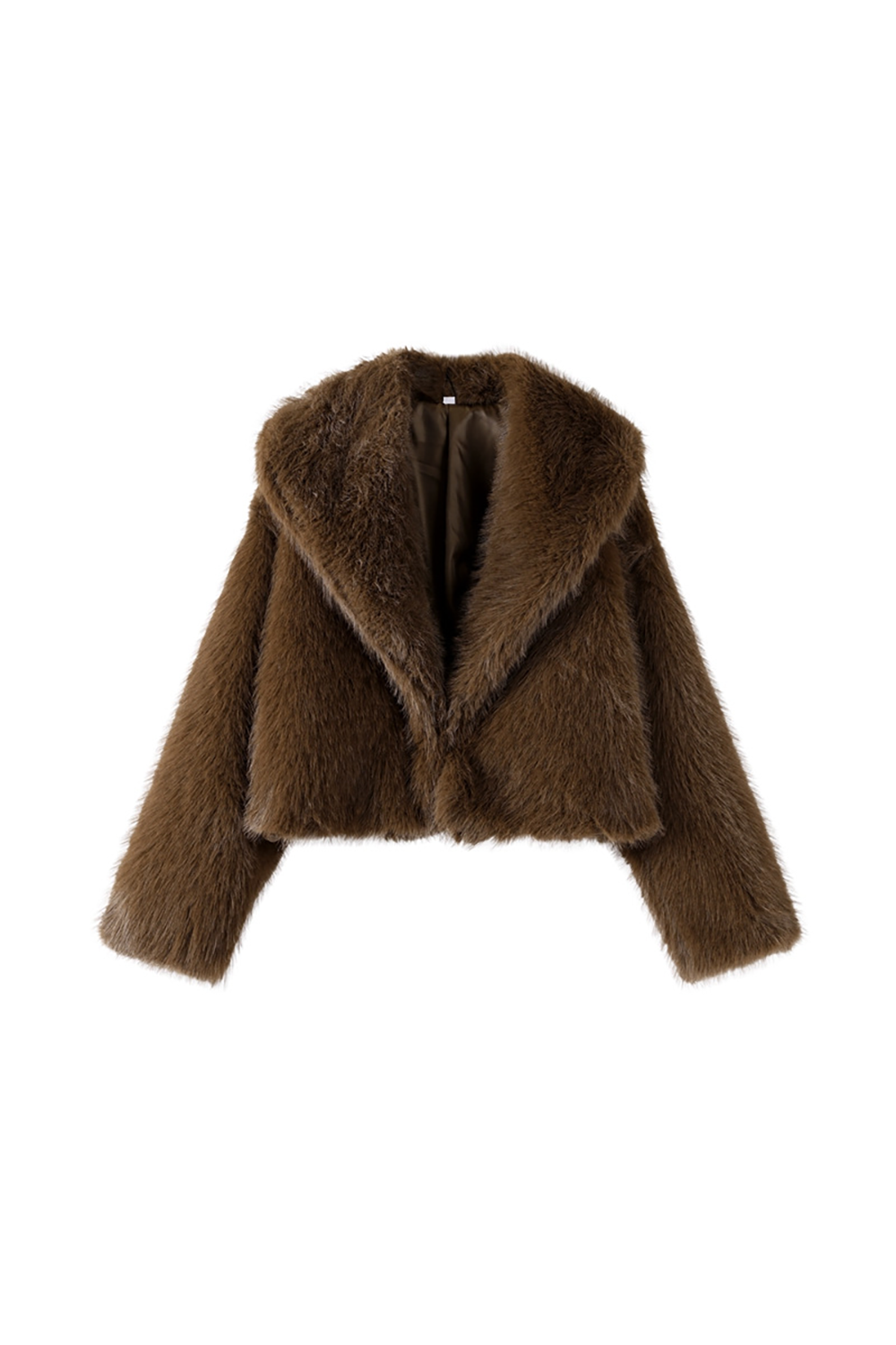 Solid Color Long Sleeve Furry Crop Coat-Brown