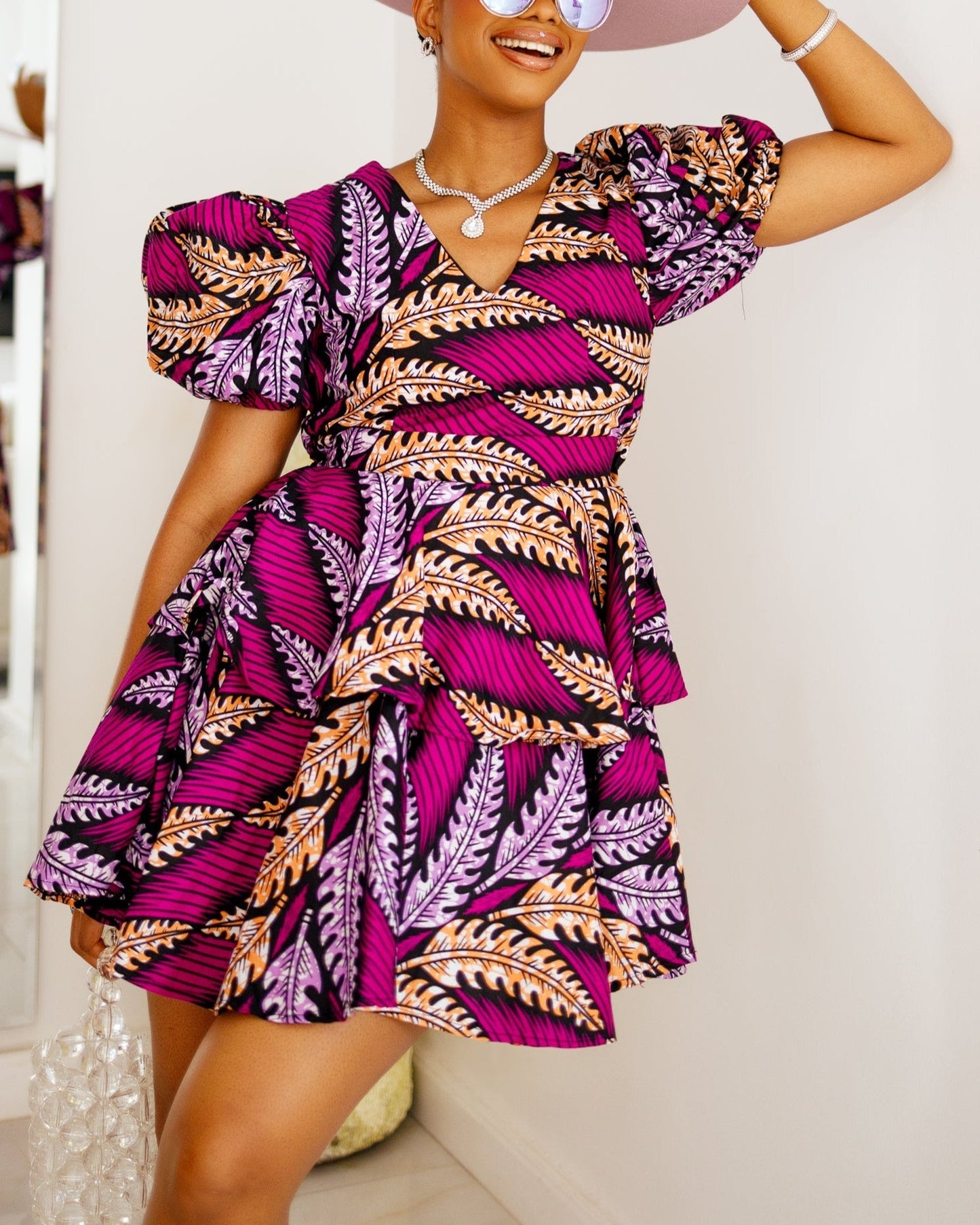 Women's Casual Print Puff Sleeves Short Dress