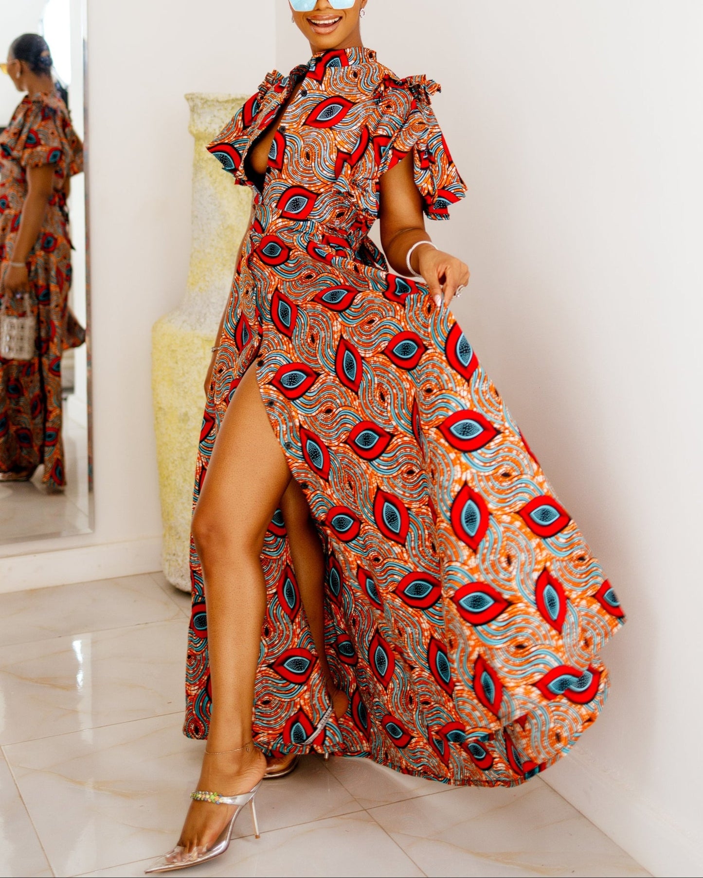 Women's Casual Print Double Flare Sleeves Maxi Dress