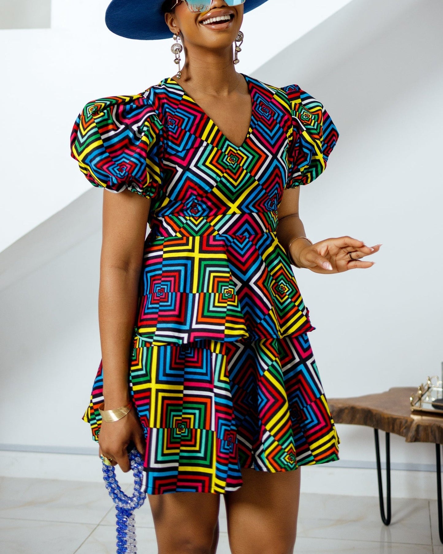 Women's Casual Print Puff Sleeves Short Dress