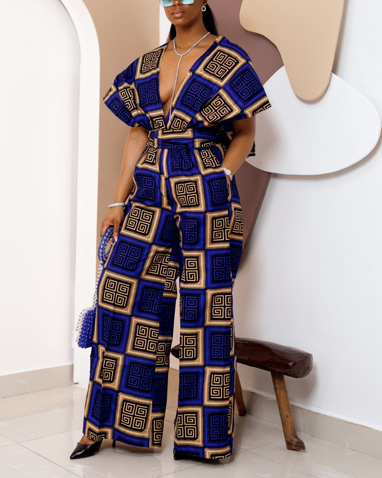 Women's Casual Print V Neck Jumpsuits