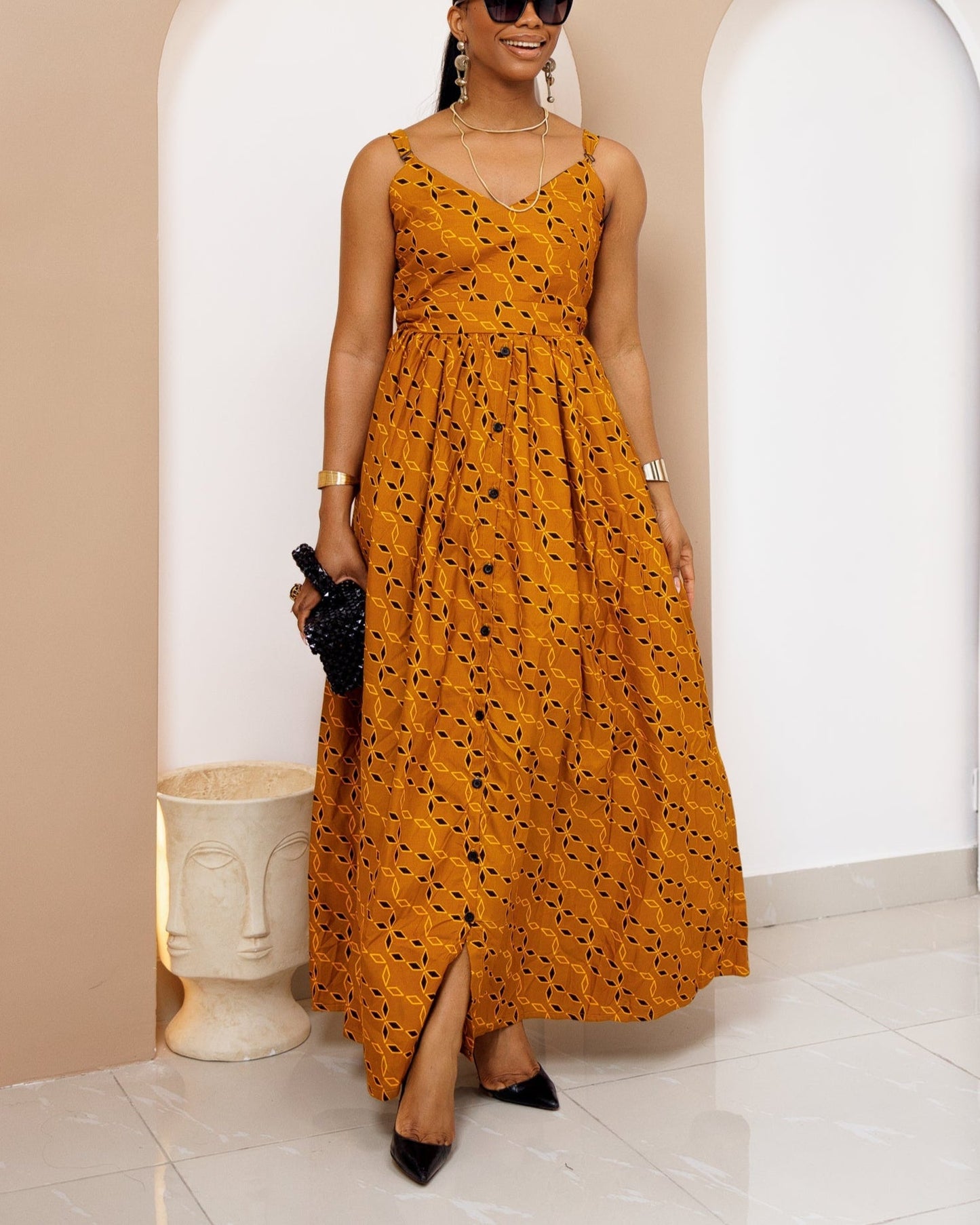 Women's Casual Print V Neck Maxi Dress