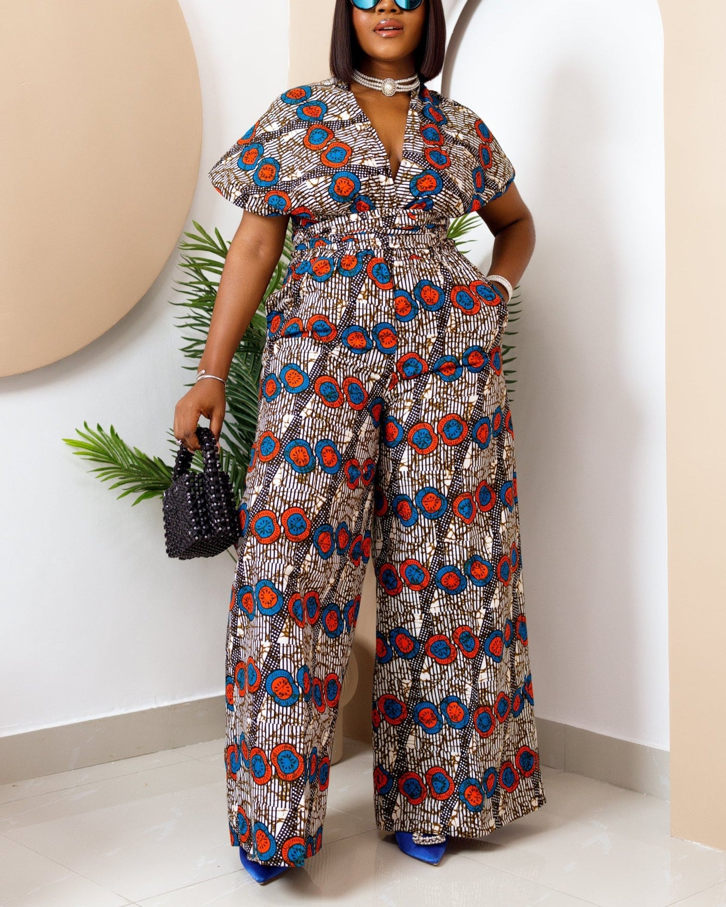Women's Casual Print V Neck Jumpsuit