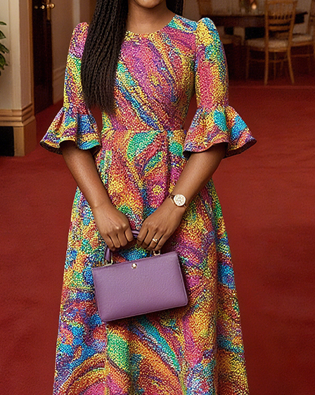 Women Fashion Elegant Formal Round Neck 3/4 Sleeves Pattern Maxi Dress